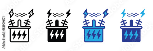 Electrical power transformer icon symbol representing energy transmission, voltage transformation, and power distribution in a simplified, modern graphic style.