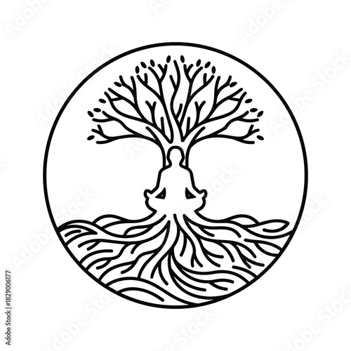 Meditating person with tree of life and roots in a circular line art design