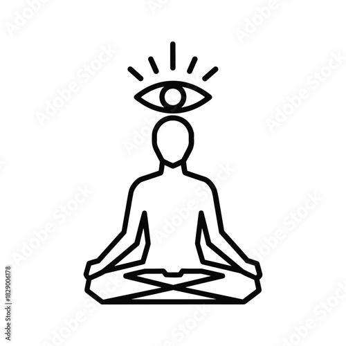 Person meditating in lotus pose with third eye symbol, isolated on