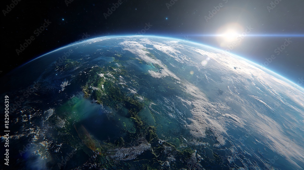 Fototapeta premium Earth from space with visible sun glare and clouds atmosphere planet.