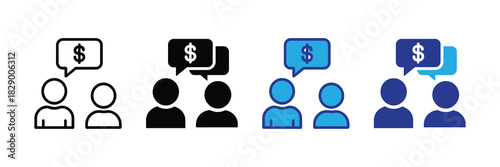 Two people discussing finances with speech bubbles containing a dollar sign, representing financial conversation or money talk, isolated.
