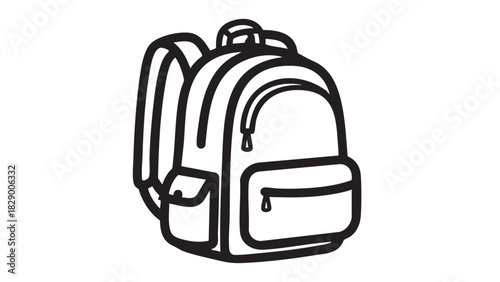 A simple black and white line art icon of a backpack, suitable for school, travel, or hiking. This isolated vector graphic represents a rucksack or knapsack for students and adventurers