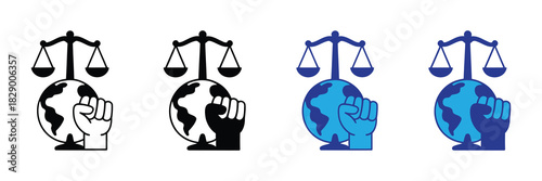 Scales of justice and raised fist superimposed on a globe, symbolizing global human rights and legal equality, advocacy illustration.