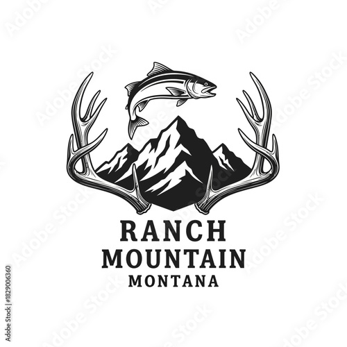 Vintage outdoor logo with a fish antlers and mountains.