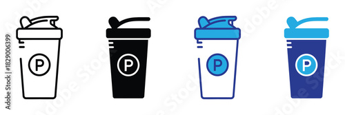 Four icon variations of a protein shaker cup with a flip top lid and a circular 'p' logo for fitness and supplement drinks, isolated.