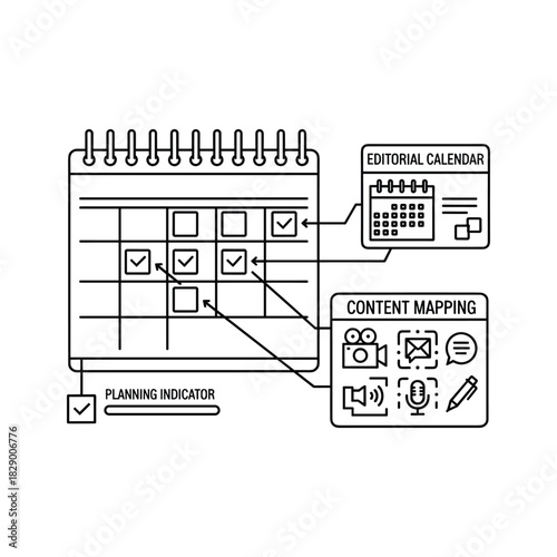 Editorial calendar for content creation and planning, mapping strategy for marketing and social media success, organize your week, month and year