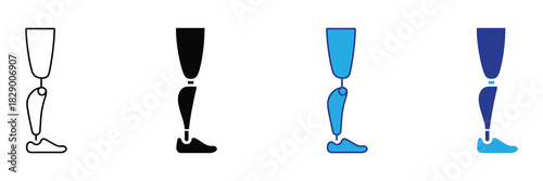 Set of stylized prosthetic leg icons: outline, silhouette, blue and dark blue with blue foot, representing modern artificial limb technology and accessibility