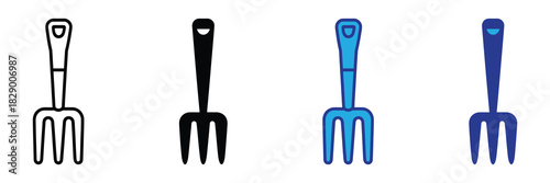 Collection of four stylized gardening hand forks icons in outline, solid black, and two shades of blue on a white background