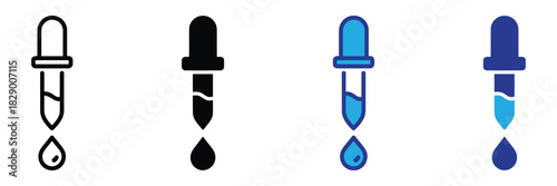 Set of four dropper icons in outline, solid black, blue outline, and solid blue with liquid, symbolizing science and healthcare. exactly 111 characters.