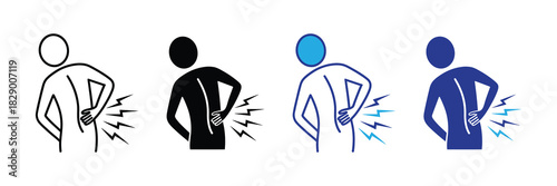 Set of four stylized icons depicting lower back pain with lightning bolt graphics indicating discomfort, presented in outline, solid black, blue outline, and solid blue formats.