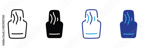 Set of four nail polish bottle icons in line art, solid black, outline blue, and solid blue colors on white background