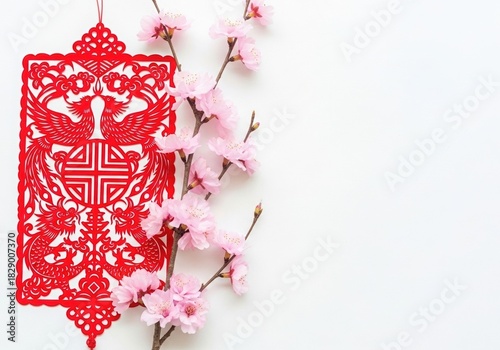 Red paper cut artwork with dragon and phoenix hangs beside pink cherry blossom branch. White background emphasizes Lunar New Year decorative tradition