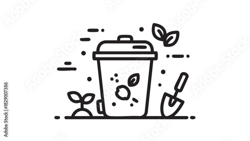 Minimalist line icon of a compost bucket with a garden trowel and sprout, symbolizing sustainable living and organic recycling