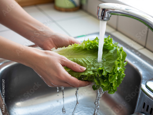 Woman washing fresh lettuce under running tap water in a kitchen sink, preparing healthy salad with crisp greens for a vibrant and nutritious meal