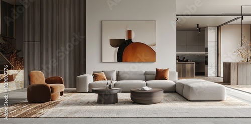 Modern living room with textured beige sectional sofa, warm brown lounge chair and bold geometric abstract wall art, idea for interior design presentations and contemporary home styling