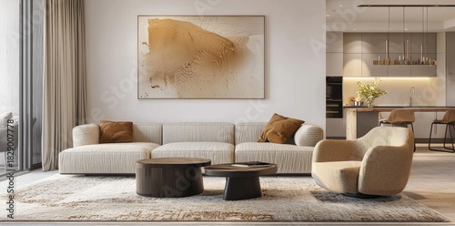 Modern living room with textured beige sectional sofa, soft neutral armchair and warm abstract wall art, idea for interior design presentations and stylish contemporary home visuals