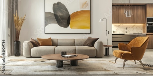 Modern living room with textured beige sofa, warm golden accent chair and large abstract wall art, idea for interior design presentations and stylish contemporary home visuals