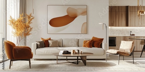 Warm modern living room with beige sofa, abstract wall art, soft natural light and cozy earth tone decor, idea for interior design presentations and home styling projects