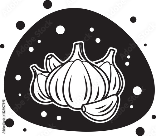 Stylized black and white illustration of garlic bulbs and cloves with scattered dots food ingredient
