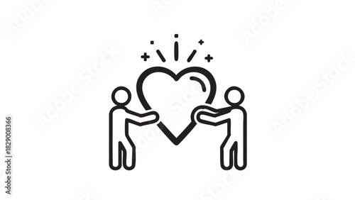 Icon illustrating the concept of teamwork, charity, and compassion with two stick figures holding a shiny heart