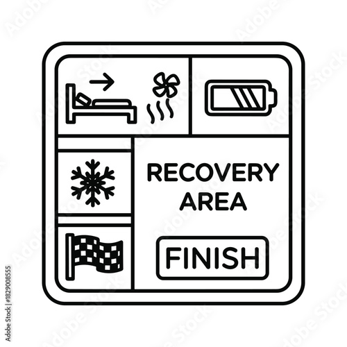 Recovery area finish line outline icon set showing elements for rest, ventilation, power, cold, and completion progress.