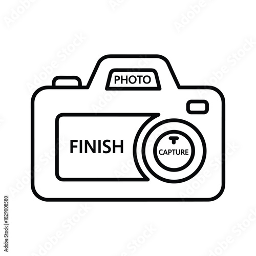 Outline icon of a digital camera with 'photo', 'finish', and 'capture' text, representing photography workflow