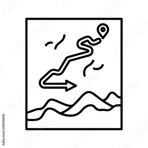 Travel route and destination map icon, showing journey direction with a pinpoint marker and landscape elements