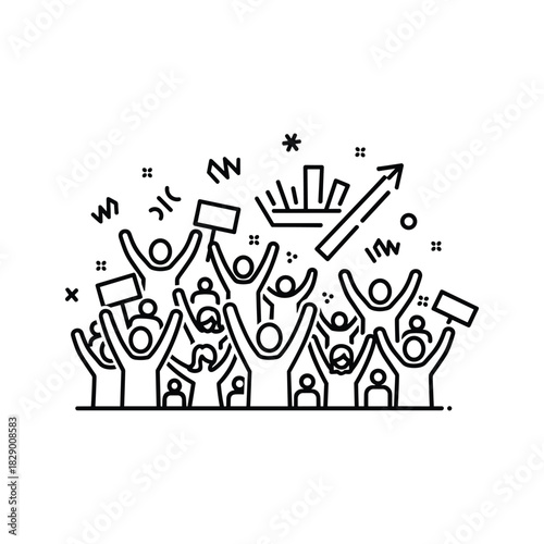 Excited crowd cheering with raised hands and placards, featuring abstract growth and success icons, monochrome line art.
