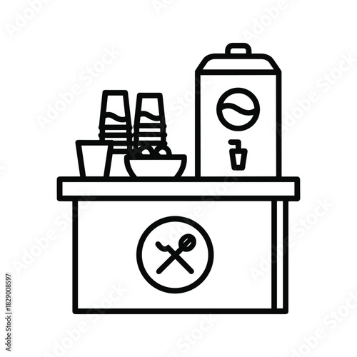 Beverage station icon featuring drink dispenser, stacked cups, and condiment bowl, for self-service setups