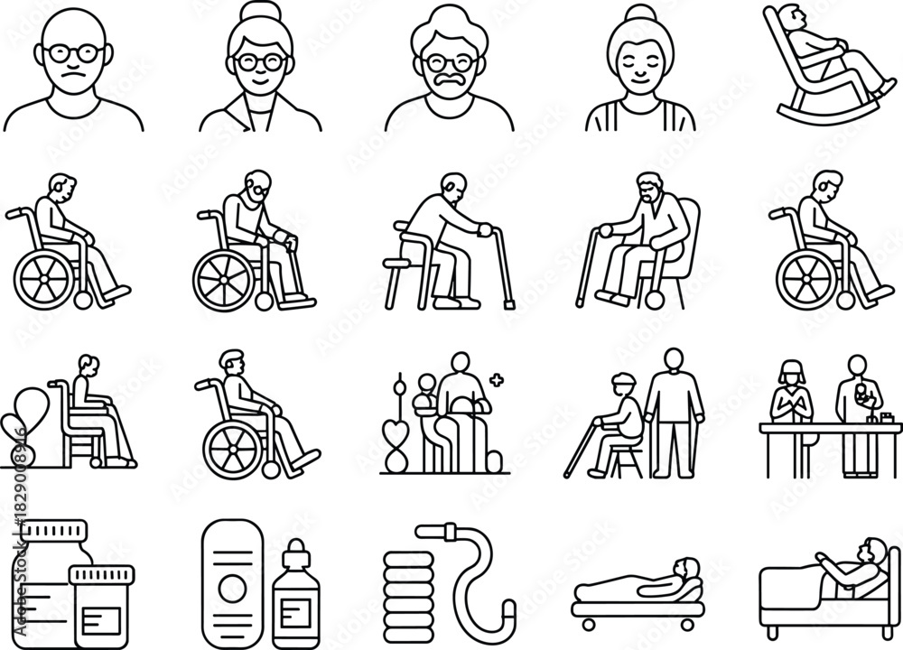 Fototapeta premium Elderly People Care Icons Representing Health and Assistance Services senior old age