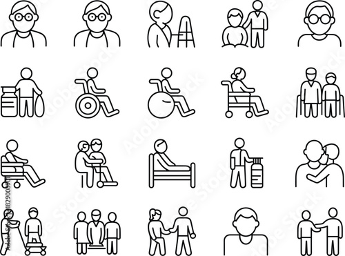 Elderly care and assistance icons with people and medical equipment senior person