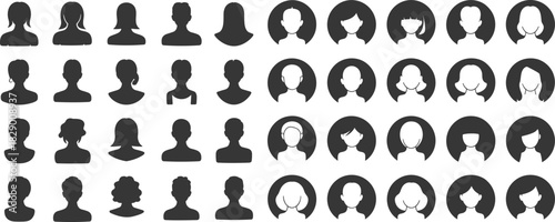 Grid of 40 Gray Silhouette Avatar Icons with Diverse Hairstyles in Circles on White person head