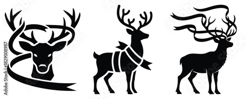 reindeer ribbon silhouette icon set. christmas silhouette icons collection with solid styles.