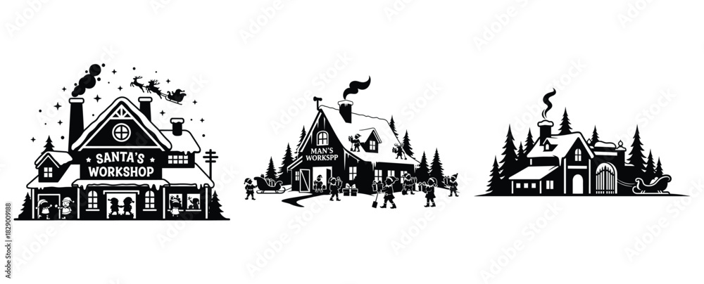 Obraz premium santa workshop silhouette icon set. christmas silhouette icons collection with solid styles.