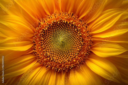 Macro shot capturing the vibrant yellow petals and spiraling seed head of a sunflower, symbolizing energy and growth.