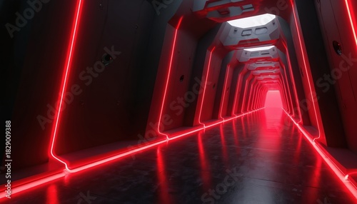 Fototapeta Naklejka Na Ścianę i Meble -  Dark futuristic tunnel with red neon lights and reflective floor. Abstract sci-fi corridor interior leads to bright light. Sci-fi spaceship hall background with glowing lines.
