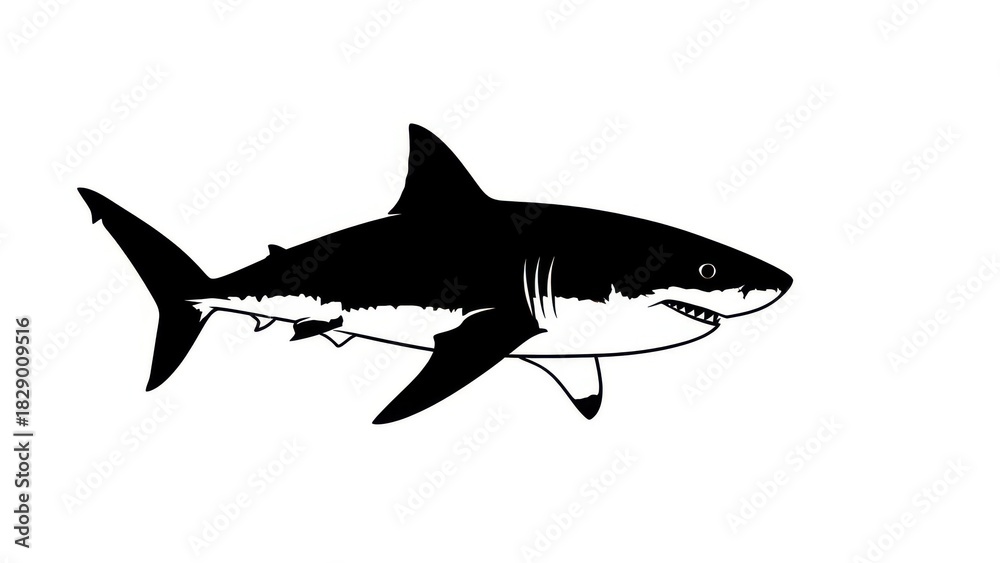 Fototapeta premium Shark Silhouette Vector – Black and White Predatory Fish Illustration