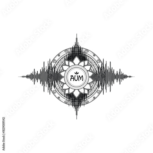 Aum symbol with sound wave, spiritual meditation, isolated on white background