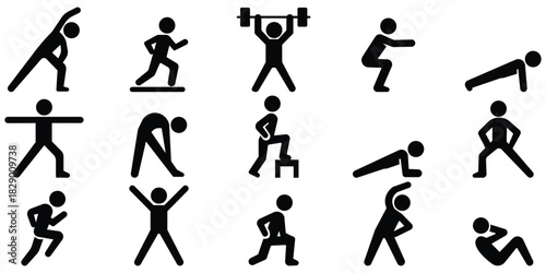 Stickman fitness workout set, Exercise training action pack, Active sport movement collection