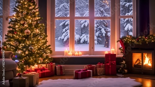 Cozy Christmas Window with Candles, Snow View and Holiday Decor