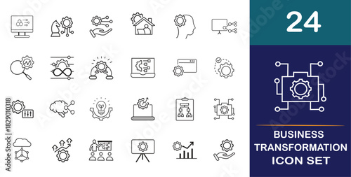Icon sets for business transformation. Transformation, innovation, strategy, change, growth, agility, digital, optimization, process, and evolution icons are included in the pack.