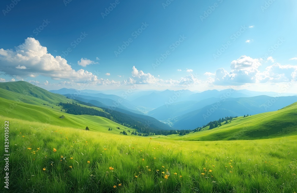 Obraz premium Scenic meadow with green grass, blue sky and mountains. Rolling hills covered by fresh greenery. Natural landscape features open field and cloudy horizon. Vacation and relaxation background wallpaper.