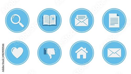 Blue circular web icon set with search, book, mail, document, home and feedback symbols for ui design