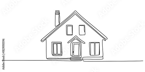 Continuous line drawing of a small house with a chimney and gabled roof, representing home, real estate, and simple living concept Vector, illustration