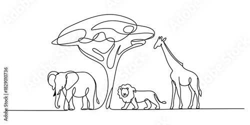 Elegant one line art of african safari animals; elephant, majestic lion, towering giraffe, and acacia tree portraying savanna nature ecosystem Vector, illustration