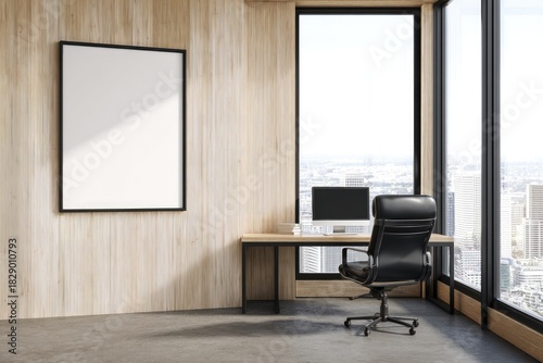 Modern office workspace with wooden wall paneling, blank vertical frame and sleek desk setup overlooking the city, idea for interior design presentations and professional workspace visuals