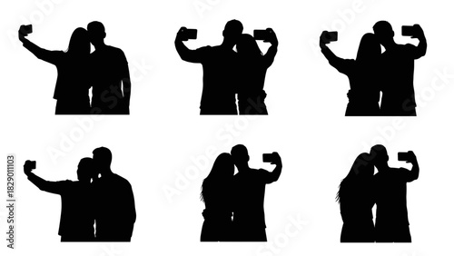 Silhouetted couple taking selfies, sharing memories, capturing moments with phone cameras