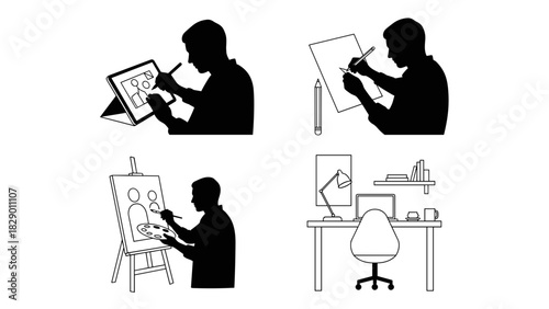 Dynamic artist creating digital art, painting on easel, sketching artwork. Creative process.