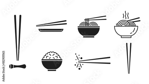 Asian cuisine vector set: chopsticks, noodles, rice bowl for restaurant menu design