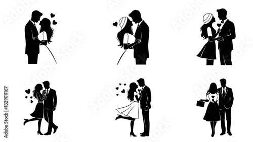 Romantic couples silhouette collection, sharing love and affection, perfect for Valentine's